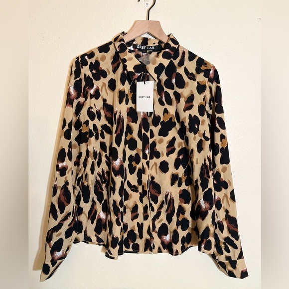 NWT Grey Lab Long-Sleeved Blouse - Women's Large Tan Black Brown - Leopard Print - Picture 7 of 12